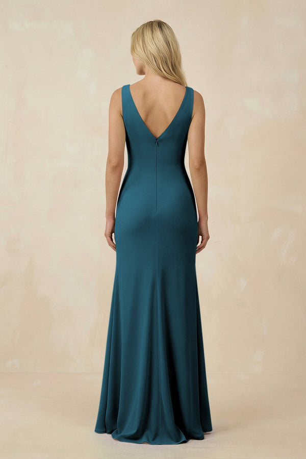 V-Neck Ruched Sheath Bridesmaid Dress with Slit in Dark Teal - KissProm BRIDESMAID DRESSES