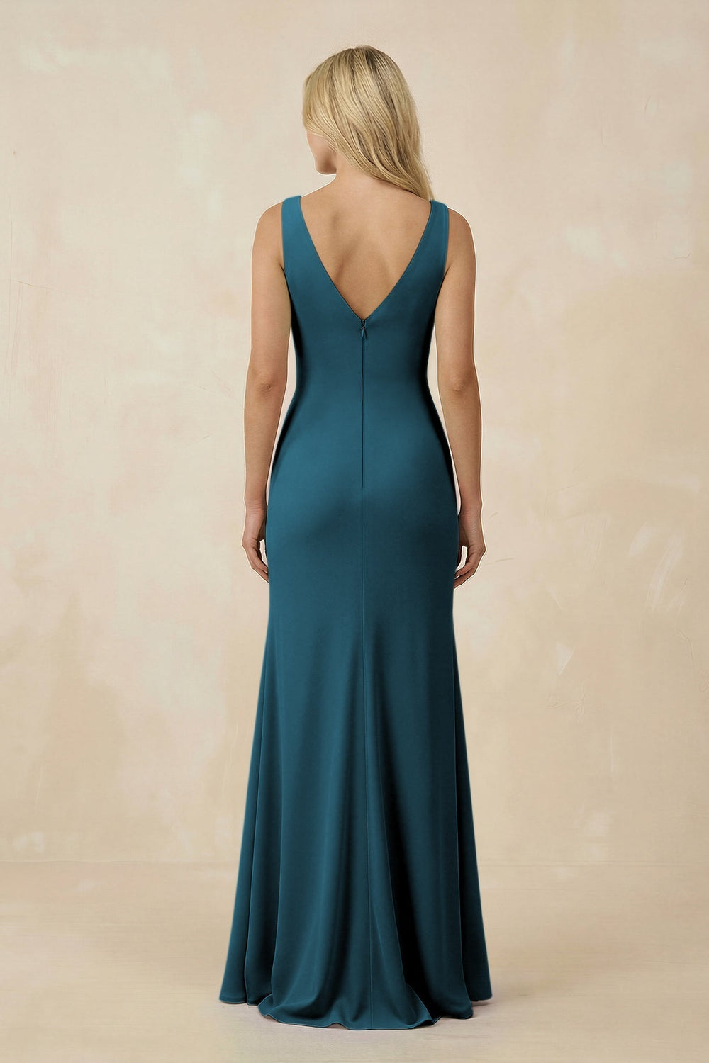 V-Neck Ruched Sheath Bridesmaid Dress with Slit in Dark Teal - KissProm BRIDESMAID DRESSES