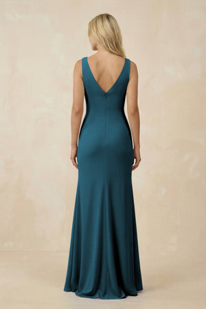 V-Neck Ruched Sheath Bridesmaid Dress with Slit in Dark Teal - KissProm BRIDESMAID DRESSES