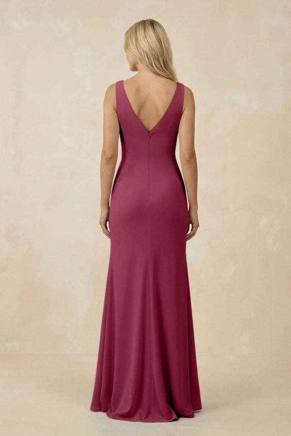 V-Neck Ruched Sheath Bridesmaid Dress with Slit in Desert Rose - KissProm BRIDESMAID DRESSES