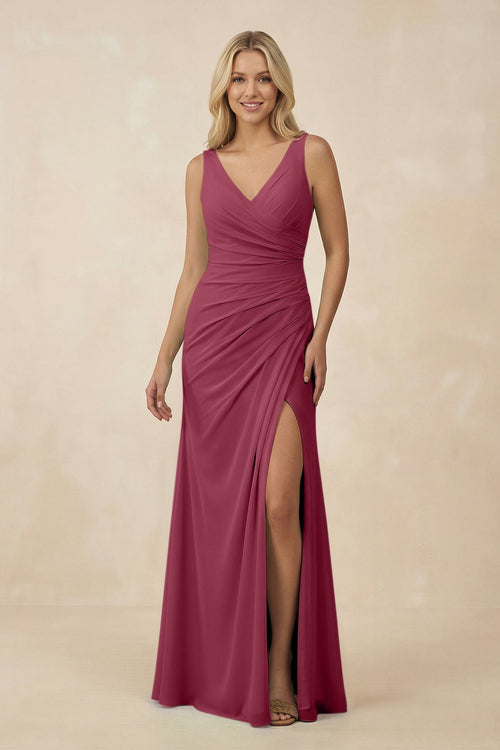 V-Neck Ruched Sheath Bridesmaid Dress with Slit in Desert Rose - KissProm BRIDESMAID DRESSES