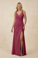 V-Neck Ruched Sheath Bridesmaid Dress with Slit in Desert Rose - KissProm BRIDESMAID DRESSES