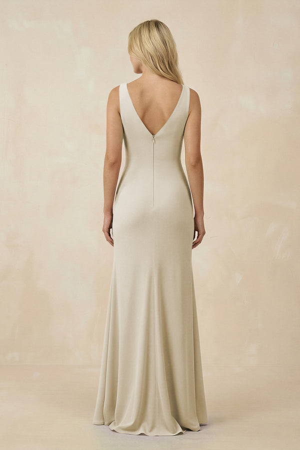 V-Neck Ruched Sheath Bridesmaid Dress with Slit in Dove Gray - KissProm BRIDESMAID DRESSES