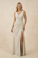 V-Neck Ruched Sheath Bridesmaid Dress with Slit in Dove Gray - KissProm BRIDESMAID DRESSES