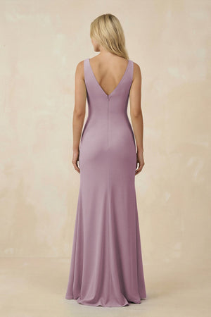 V-Neck Ruched Sheath Bridesmaid Dress with Slit in Dusk - KissProm BRIDESMAID DRESSES