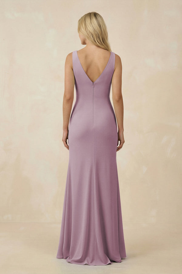 V-Neck Ruched Sheath Bridesmaid Dress with Slit in Dusk - KissProm BRIDESMAID DRESSES