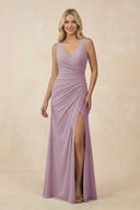 V-Neck Ruched Sheath Bridesmaid Dress with Slit in Dusk - KissProm BRIDESMAID DRESSES