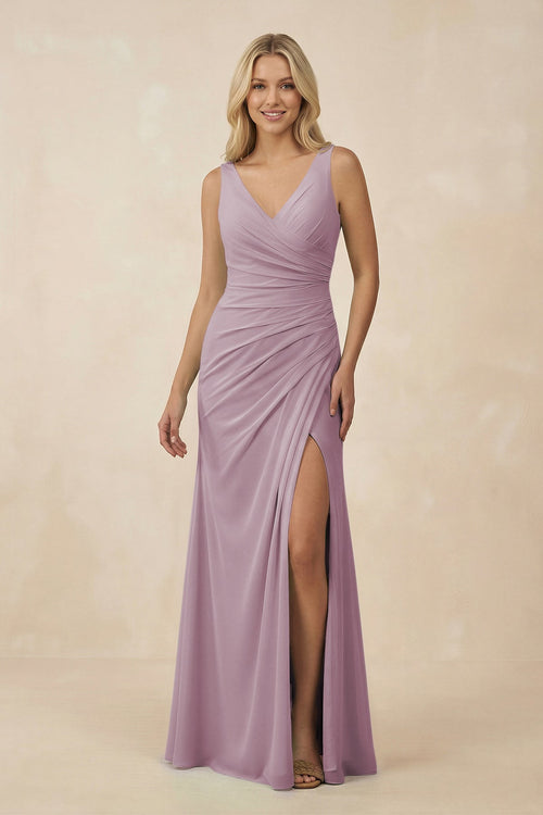 V-Neck Ruched Sheath Bridesmaid Dress with Slit in Dusk - KissProm BRIDESMAID DRESSES