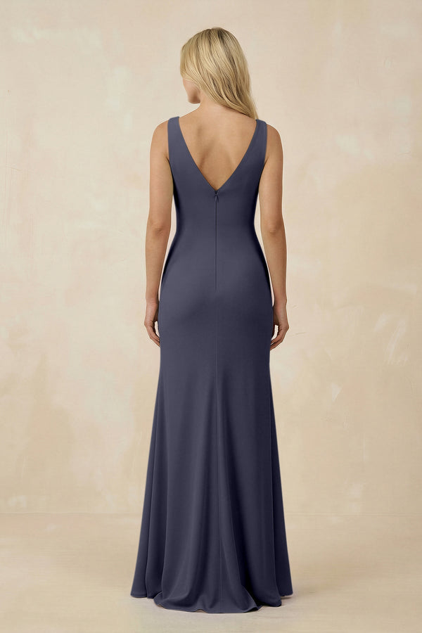 V-Neck Ruched Sheath Bridesmaid Dress with Slit in Dusk Blue - KissProm BRIDESMAID DRESSES