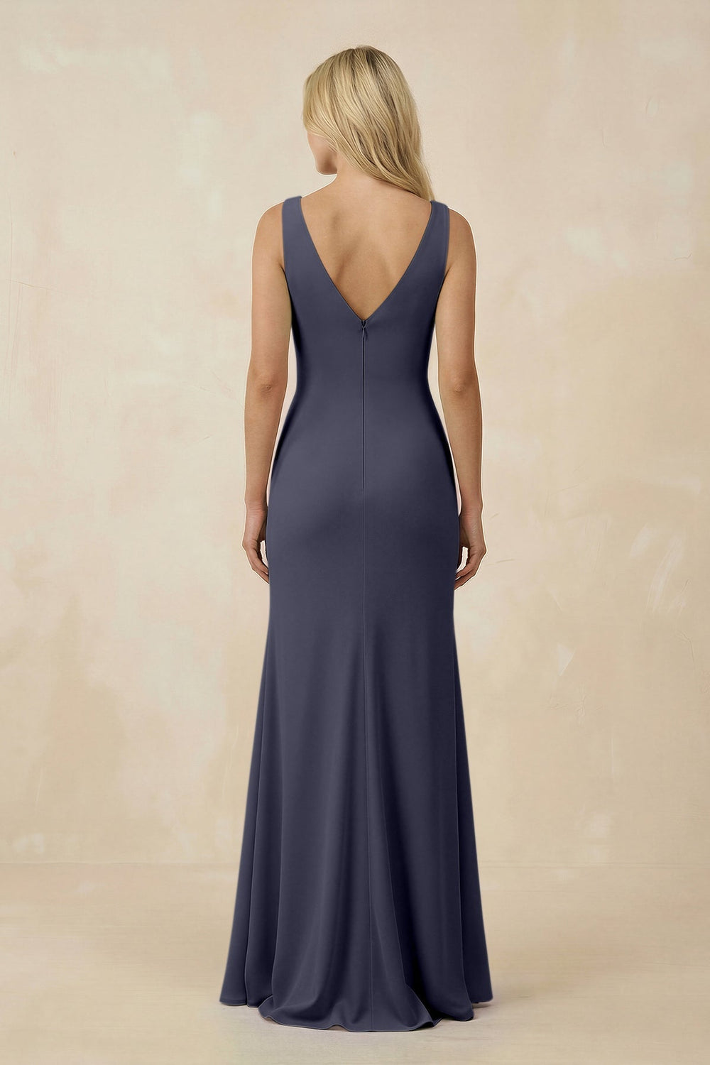 V-Neck Ruched Sheath Bridesmaid Dress with Slit in Dusk Blue - KissProm BRIDESMAID DRESSES