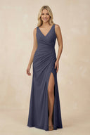 V-Neck Ruched Sheath Bridesmaid Dress with Slit in Dusk Blue - KissProm BRIDESMAID DRESSES