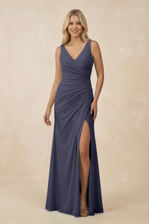 V-Neck Ruched Sheath Bridesmaid Dress with Slit in Dusk Blue - KissProm BRIDESMAID DRESSES