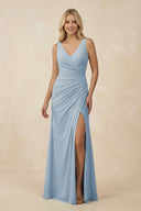 V-Neck Ruched Sheath Bridesmaid Dress with Slit in Dusty Blue - KissProm BRIDESMAID DRESSES
