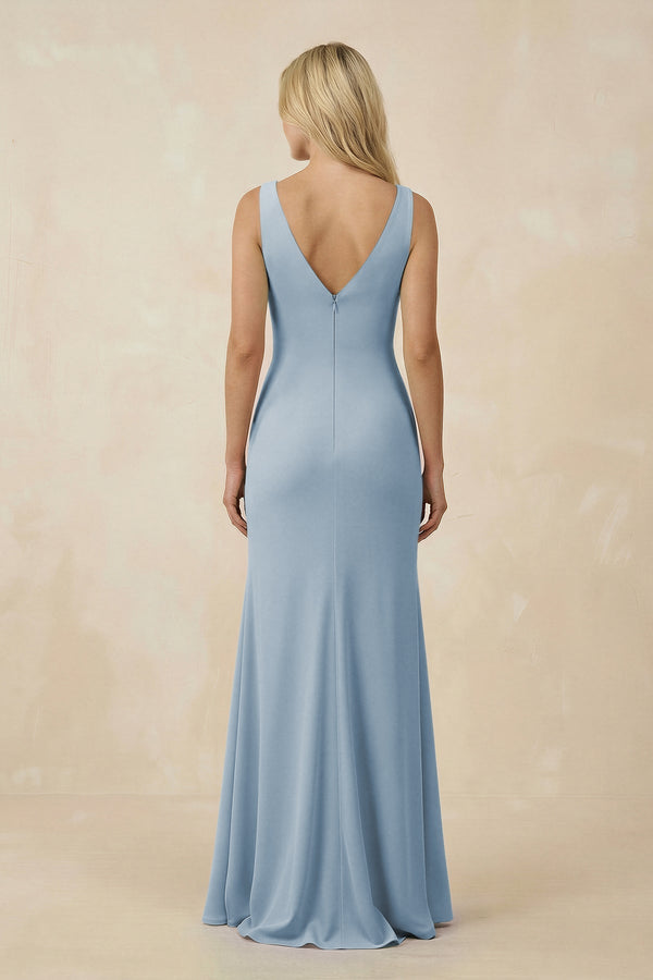 V-Neck Ruched Sheath Bridesmaid Dress with Slit in Dusty Blue - KissProm BRIDESMAID DRESSES