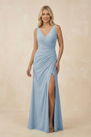 V-Neck Ruched Sheath Bridesmaid Dress with Slit in Dusty Blue - KissProm BRIDESMAID DRESSES