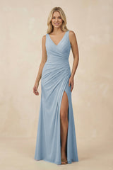 V-Neck Ruched Sheath Bridesmaid Dress with Slit in Dusty Blue - KissProm BRIDESMAID DRESSES