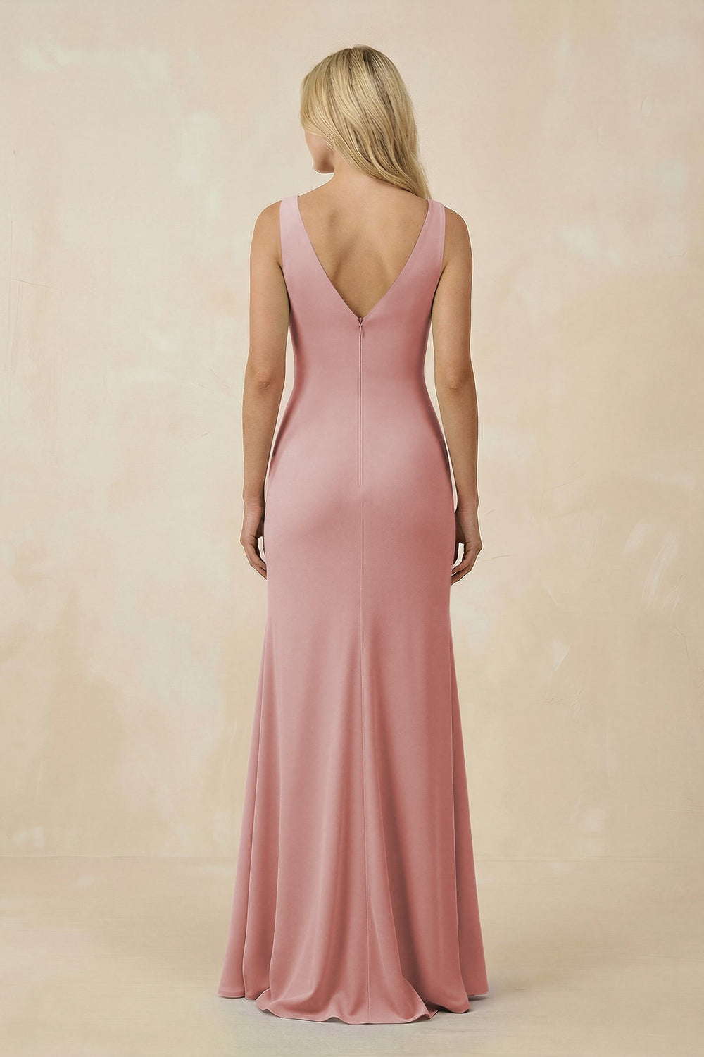 V-Neck Ruched Sheath Bridesmaid Dress with Slit in Dusty Rose - KissProm BRIDESMAID DRESSES
