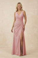 V-Neck Ruched Sheath Bridesmaid Dress with Slit in Dusty Rose - KissProm BRIDESMAID DRESSES