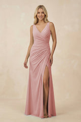 V-Neck Ruched Sheath Bridesmaid Dress with Slit in Dusty Rose - KissProm BRIDESMAID DRESSES