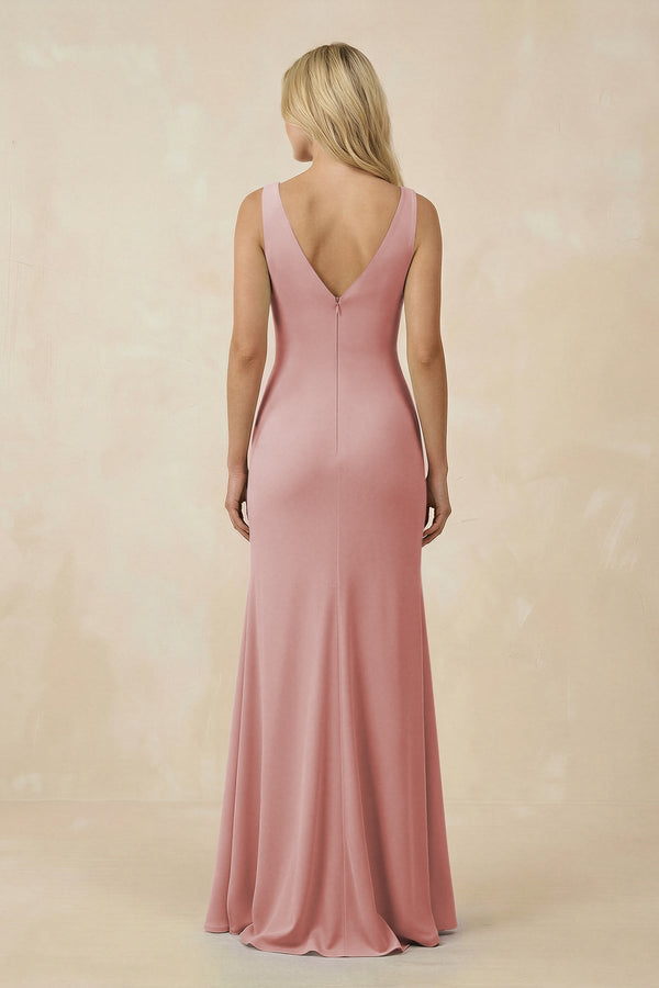 V-Neck Ruched Sheath Bridesmaid Dress with Slit in Dusty Rose - KissProm BRIDESMAID DRESSES