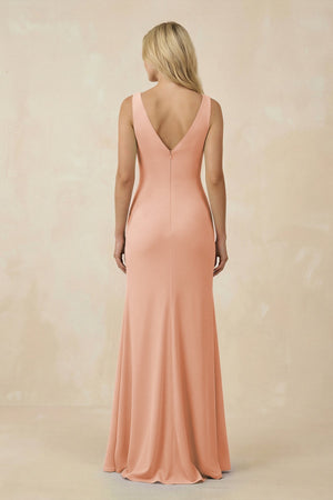 V-Neck Ruched Sheath Bridesmaid Dress with Slit in English Rose - KissProm BRIDESMAID DRESSES