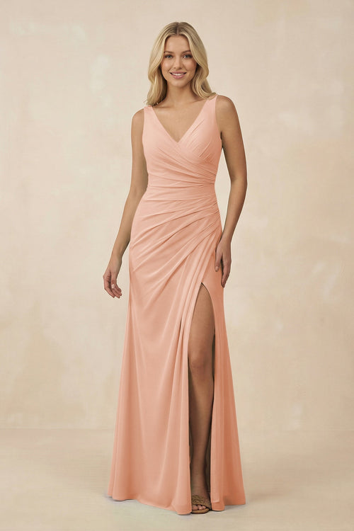 V-Neck Ruched Sheath Bridesmaid Dress with Slit in English Rose - KissProm BRIDESMAID DRESSES