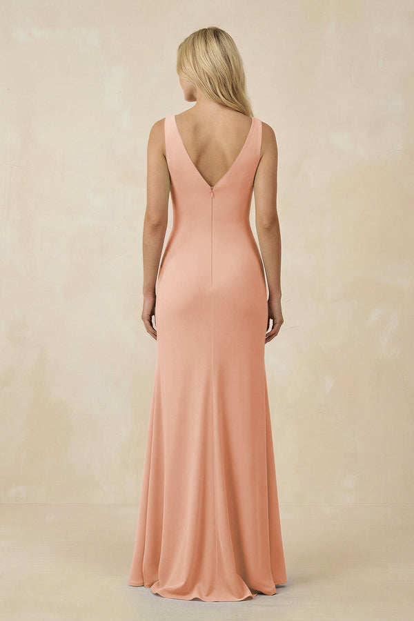 V-Neck Ruched Sheath Bridesmaid Dress with Slit in English Rose - KissProm BRIDESMAID DRESSES