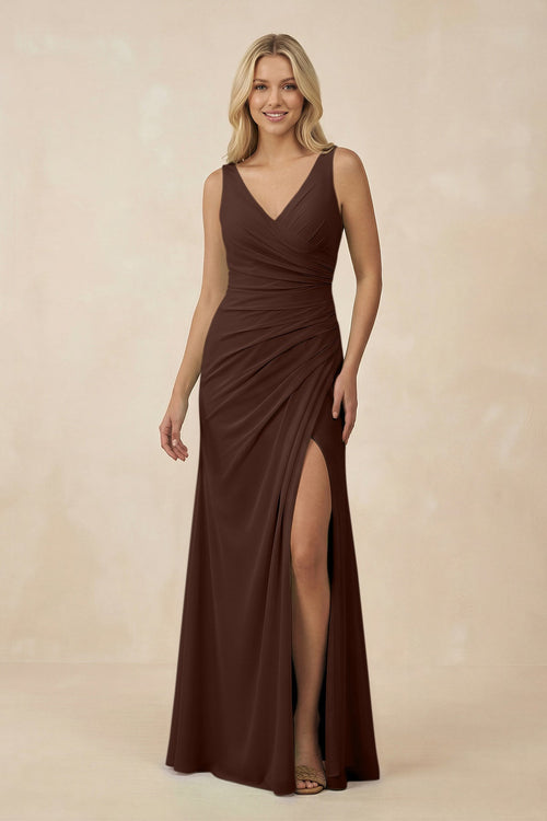 V-Neck Ruched Sheath Bridesmaid Dress with Slit in Espresso - KissProm BRIDESMAID DRESSES