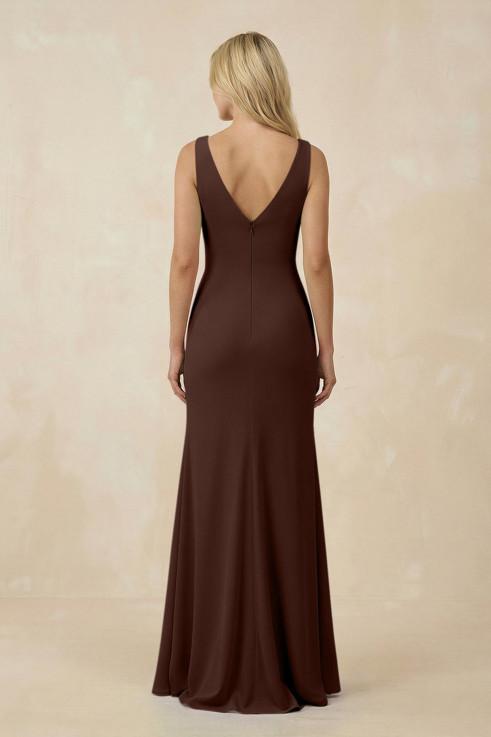 V-Neck Ruched Sheath Bridesmaid Dress with Slit in Espresso - KissProm BRIDESMAID DRESSES