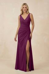 V-Neck Ruched Sheath Bridesmaid Dress with Slit in Fig - KissProm BRIDESMAID DRESSES