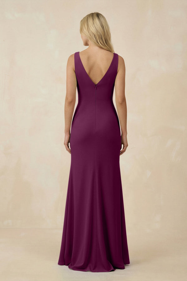 V-Neck Ruched Sheath Bridesmaid Dress with Slit in Fig - KissProm BRIDESMAID DRESSES