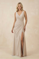 V-Neck Ruched Sheath Bridesmaid Dress with Slit in Frost - KissProm BRIDESMAID DRESSES