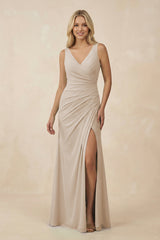 V-Neck Ruched Sheath Bridesmaid Dress with Slit in Frost - KissProm BRIDESMAID DRESSES