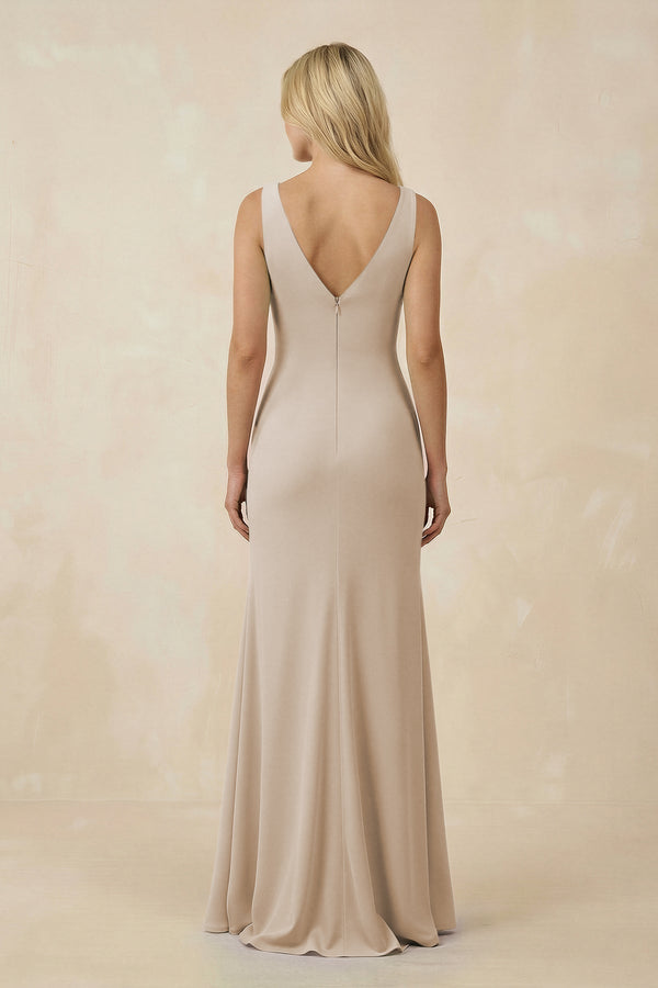 V-Neck Ruched Sheath Bridesmaid Dress with Slit in Frost - KissProm BRIDESMAID DRESSES