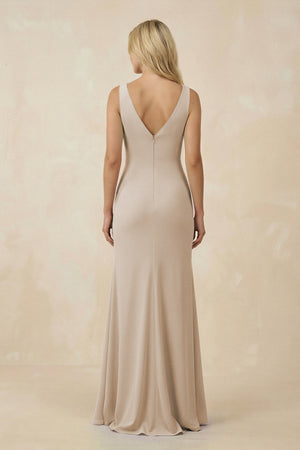V-Neck Ruched Sheath Bridesmaid Dress with Slit in Frost - KissProm BRIDESMAID DRESSES
