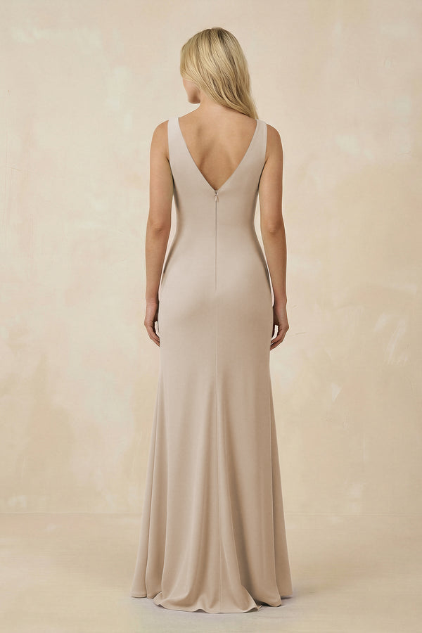V-Neck Ruched Sheath Bridesmaid Dress with Slit in Frost - KissProm BRIDESMAID DRESSES