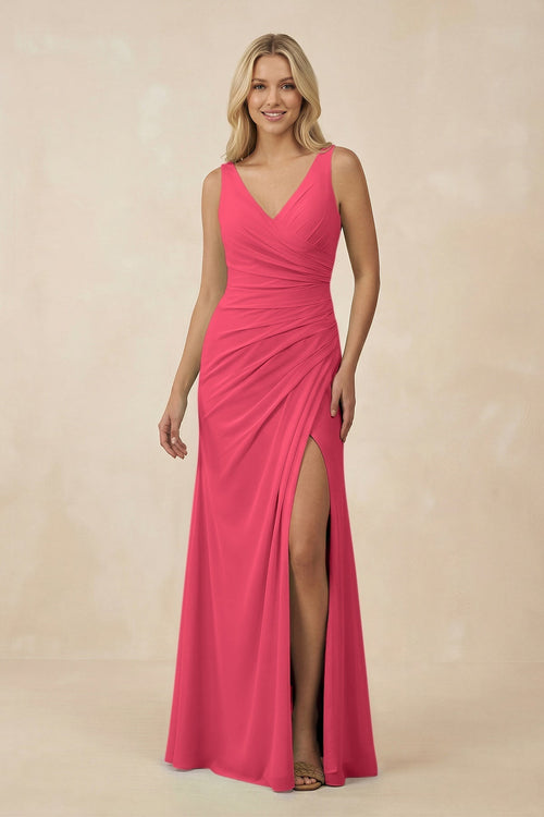 V-Neck Ruched Sheath Bridesmaid Dress with Slit in Fuchsia - KissProm BRIDESMAID DRESSES
