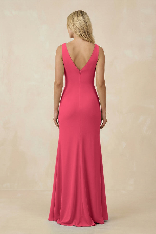 V-Neck Ruched Sheath Bridesmaid Dress with Slit in Fuchsia - KissProm BRIDESMAID DRESSES
