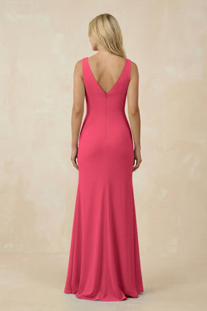 V-Neck Ruched Sheath Bridesmaid Dress with Slit in Fuchsia - KissProm BRIDESMAID DRESSES
