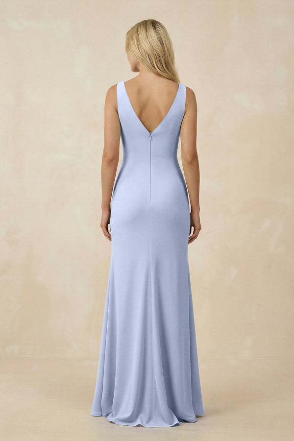 V-Neck Ruched Sheath Bridesmaid Dress with Slit in Ice - KissProm BRIDESMAID DRESSES