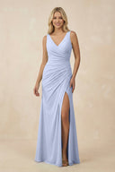 V-Neck Ruched Sheath Bridesmaid Dress with Slit in Ice - KissProm BRIDESMAID DRESSES