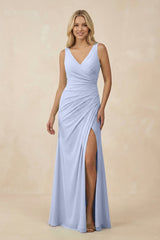 V-Neck Ruched Sheath Bridesmaid Dress with Slit in Ice - KissProm BRIDESMAID DRESSES