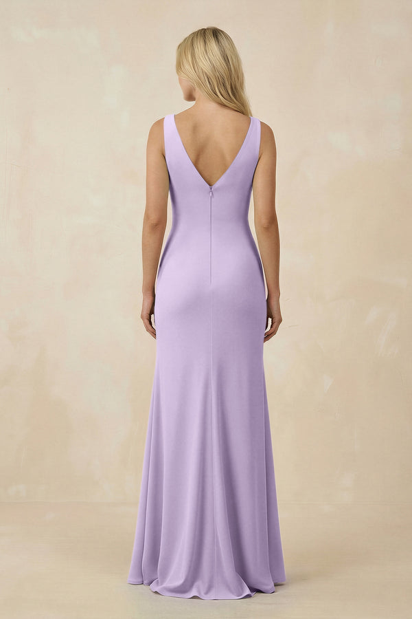 V-Neck Ruched Sheath Bridesmaid Dress with Slit in Lavender - KissProm BRIDESMAID DRESSES