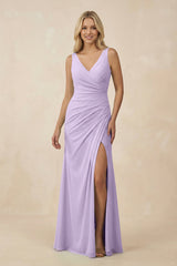 V-Neck Ruched Sheath Bridesmaid Dress with Slit in Lavender - KissProm BRIDESMAID DRESSES