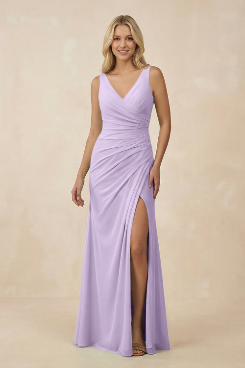 V-Neck Ruched Sheath Bridesmaid Dress with Slit in Lavender - KissProm BRIDESMAID DRESSES