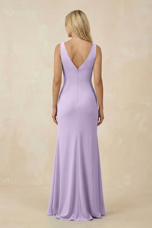 V-Neck Ruched Sheath Bridesmaid Dress with Slit in Lavender - KissProm BRIDESMAID DRESSES
