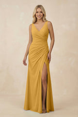 V-Neck Ruched Sheath Bridesmaid Dress with Slit in Marigold - KissProm BRIDESMAID DRESSES