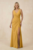 V-Neck Ruched Sheath Bridesmaid Dress with Slit in Marigold - KissProm BRIDESMAID DRESSES