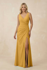 V-Neck Ruched Sheath Bridesmaid Dress with Slit in Marigold - KissProm BRIDESMAID DRESSES