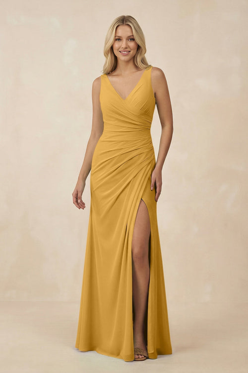 V-Neck Ruched Sheath Bridesmaid Dress with Slit in Marigold - KissProm BRIDESMAID DRESSES